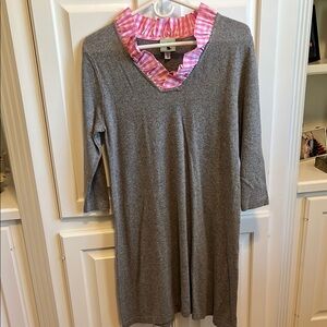 Gray and Pink Ruffled Tunic Dress with 3/4 Sleeves